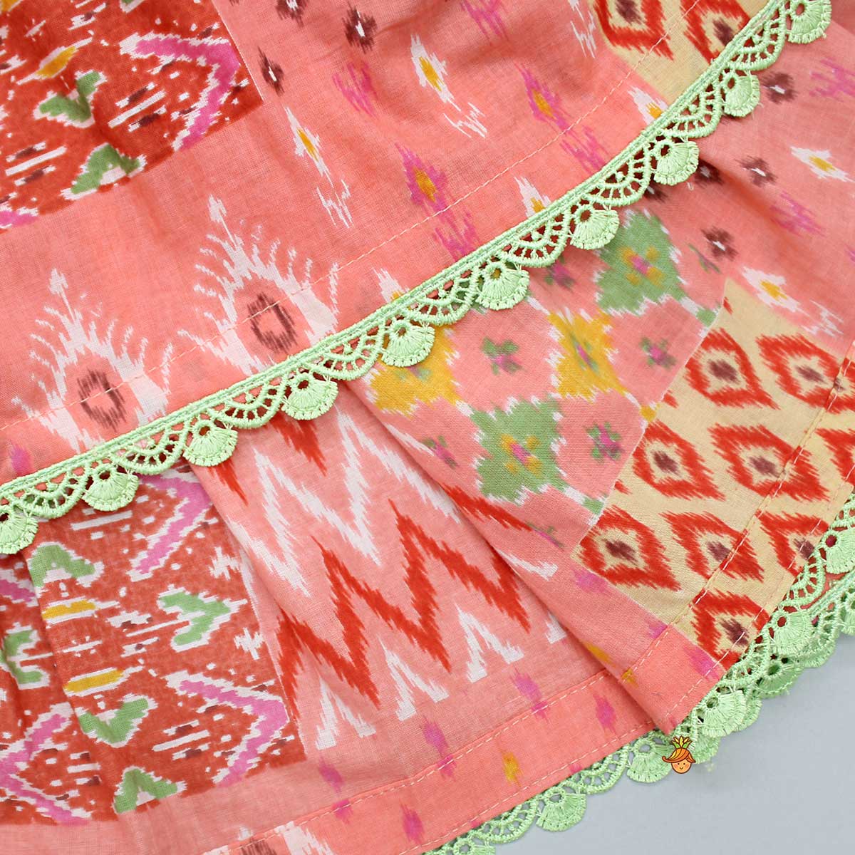 Contrasting Lace Work Peach Printed Pure Cotton Kurti And Sharara