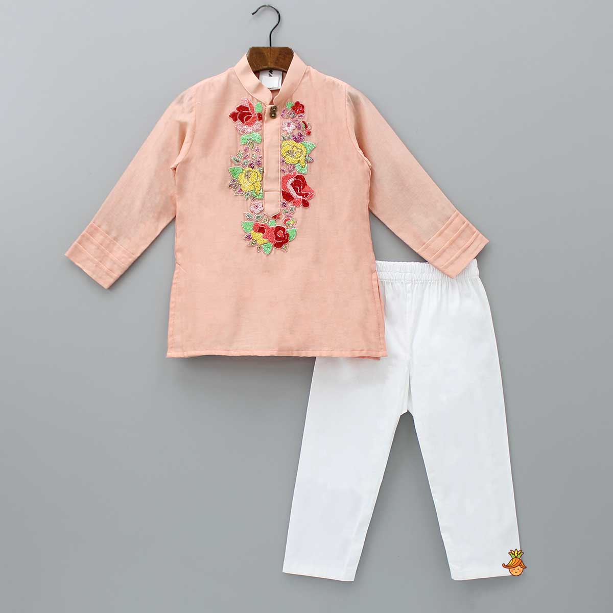 Sequins Floral Embroidered Peach Kurta And Pyjama