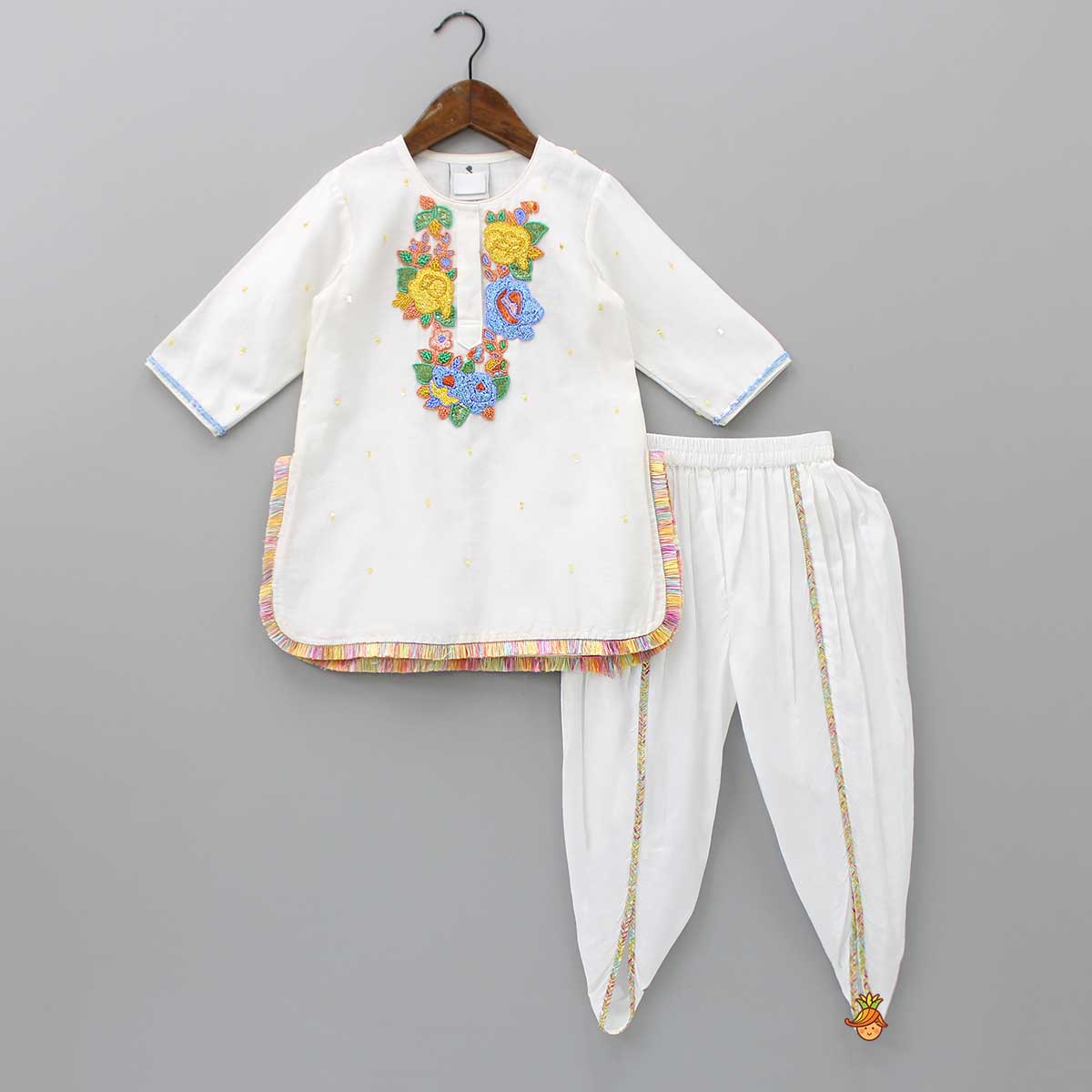 Front Placket Off White Kurti And Dhoti