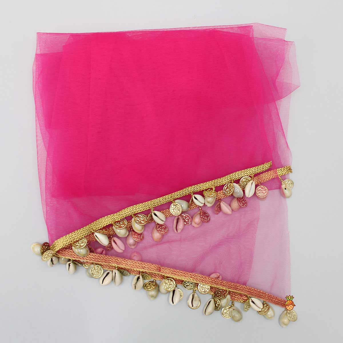 V Neck Hanging Tassels Enhanced Multicolour Top And Layered Lehenga With Pink Dupatta
