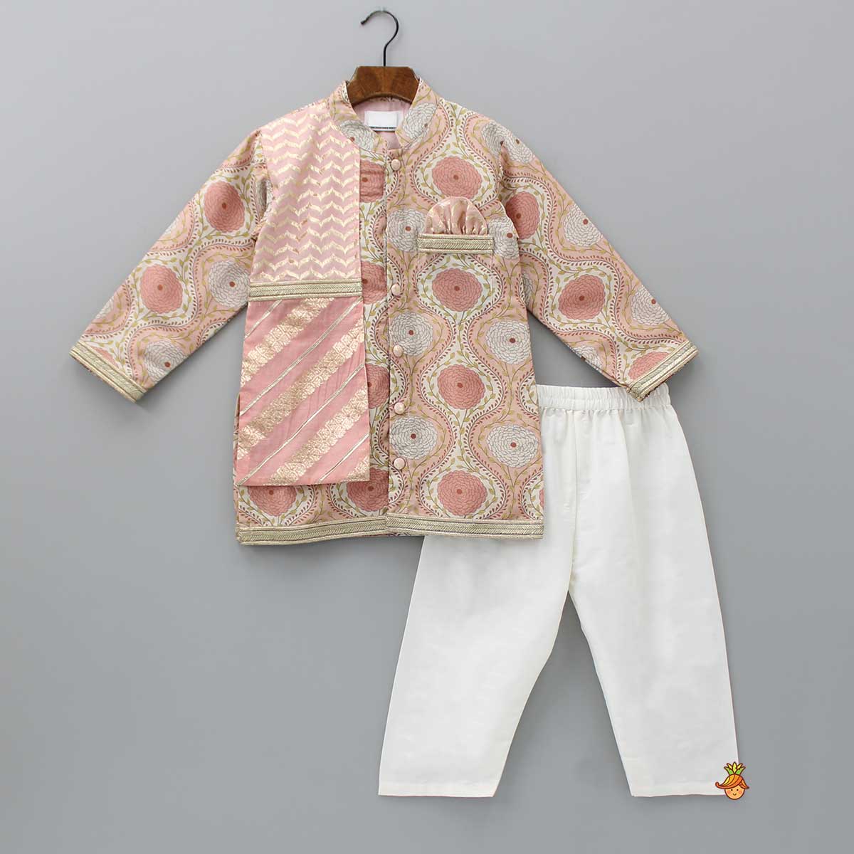 Double Layered Flap Peach Ethnic Kurta And Off White Pyjama