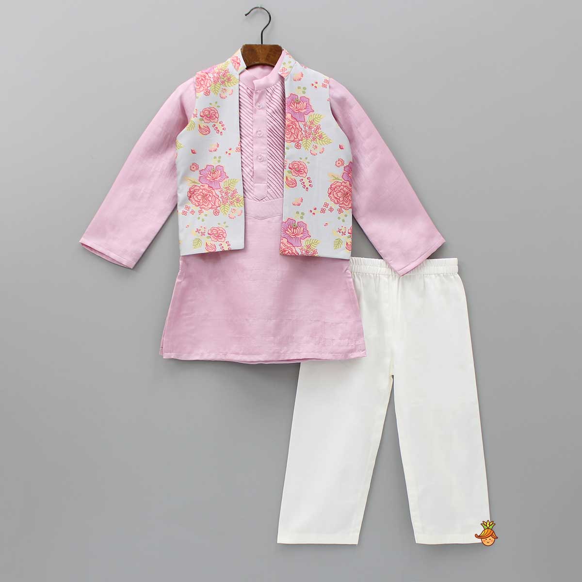 Pin Tuck Lilac Kurta With Floral Printed Jacket And Pyjama