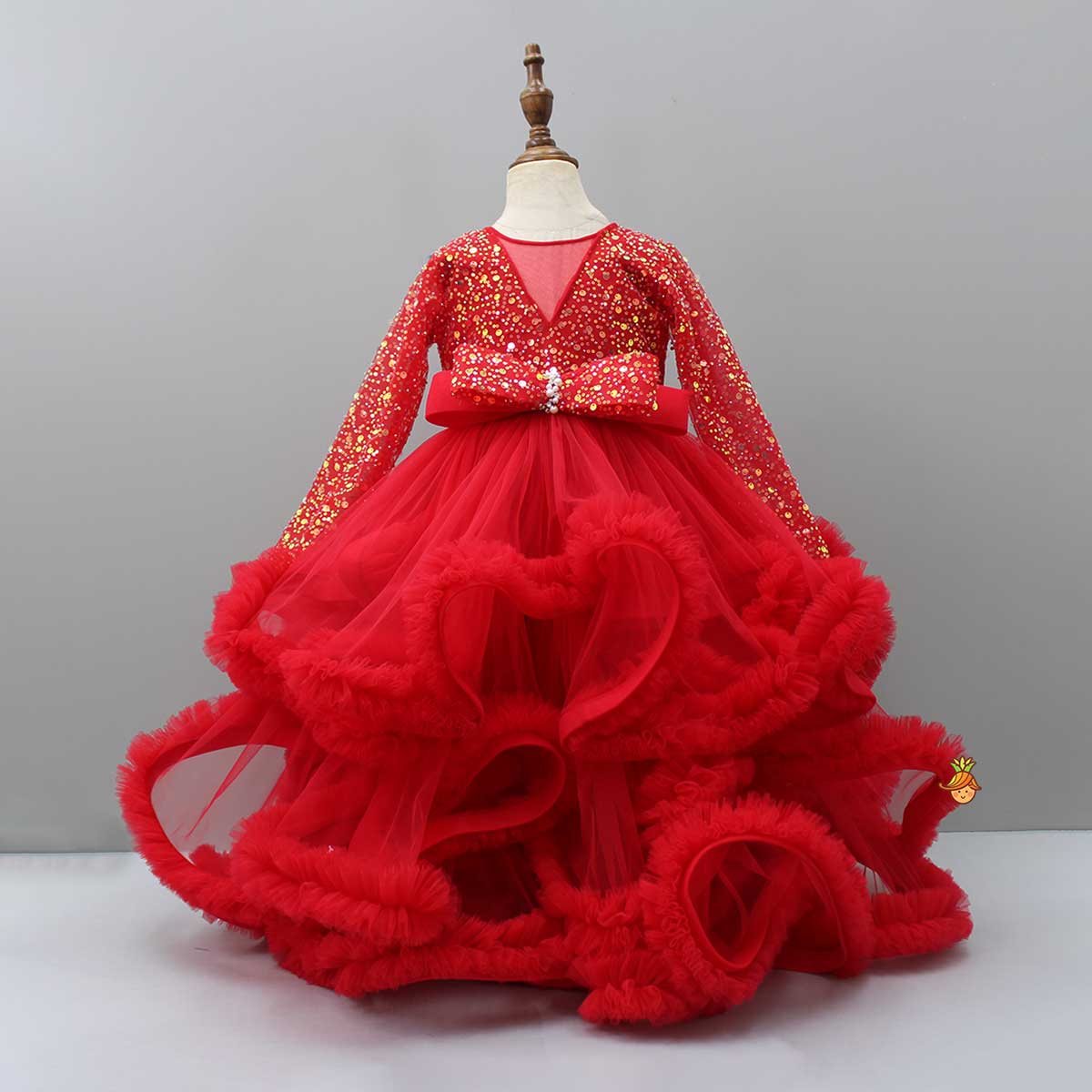 Sequined Red Ruffle Layered Fancy Gown