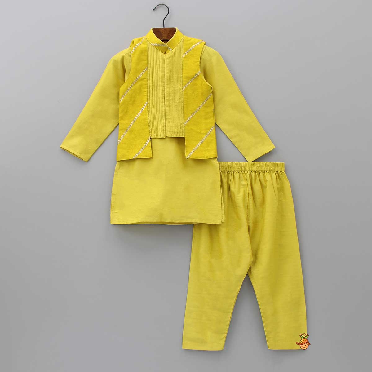 Mustard Kurta With Pin Tuck Jacket And Pyjama