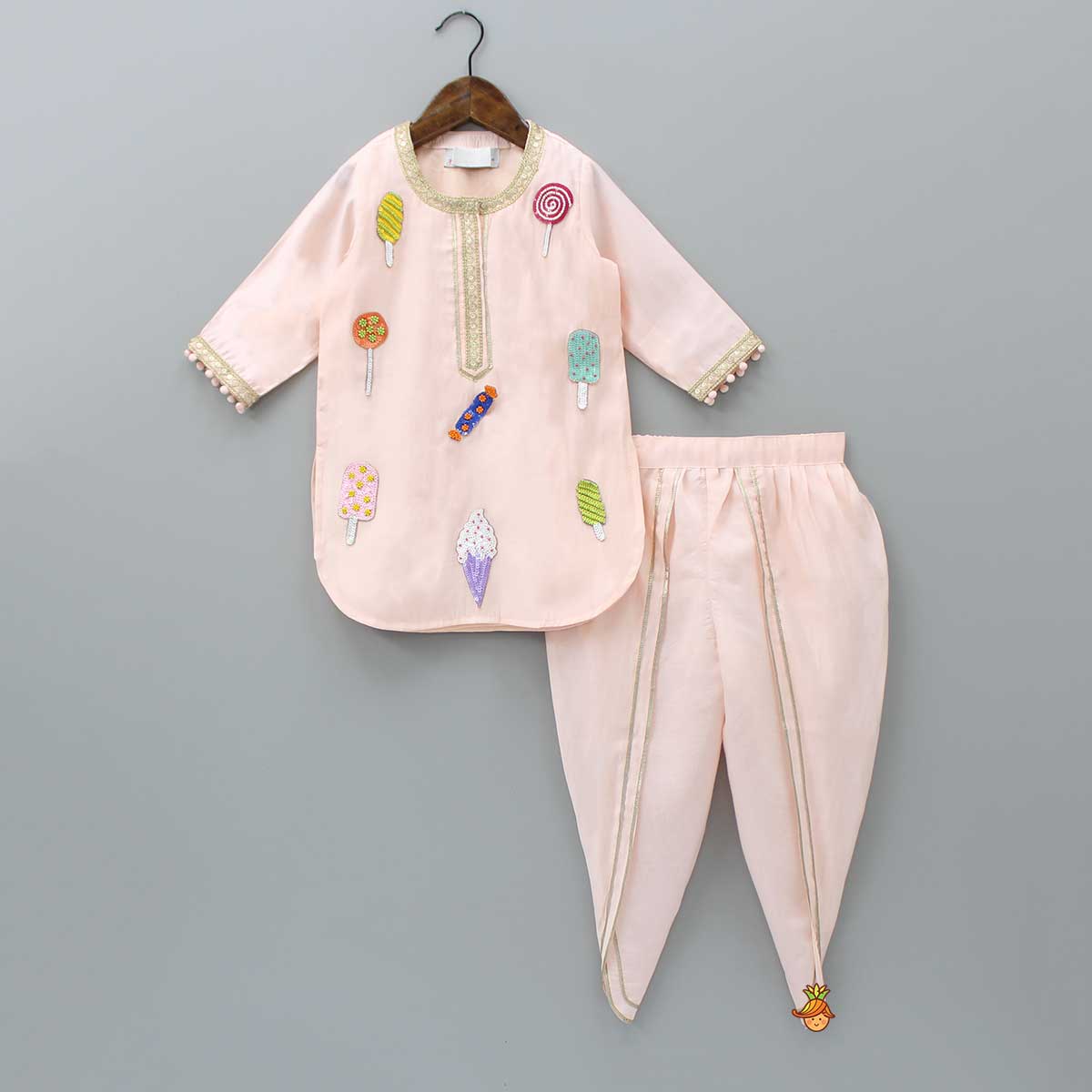 Candies Embroidered Peach Kurti And Tulip Pant With Organza Ruffle Dupatta