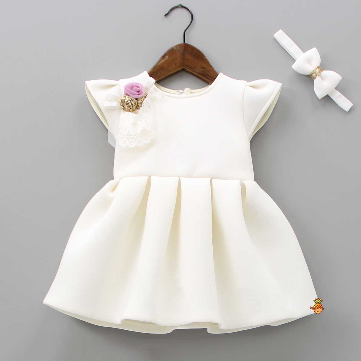 Fancy Off White Scuba Dress With Matching Bow Head Band