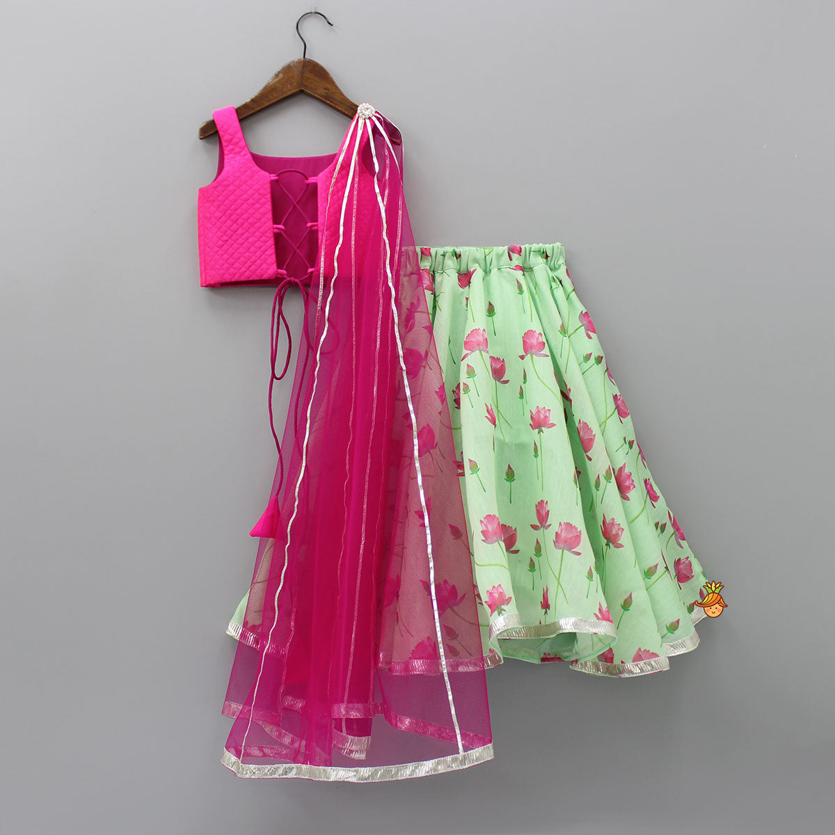 Pink Long Drape Top And Floral Printed Lehenga