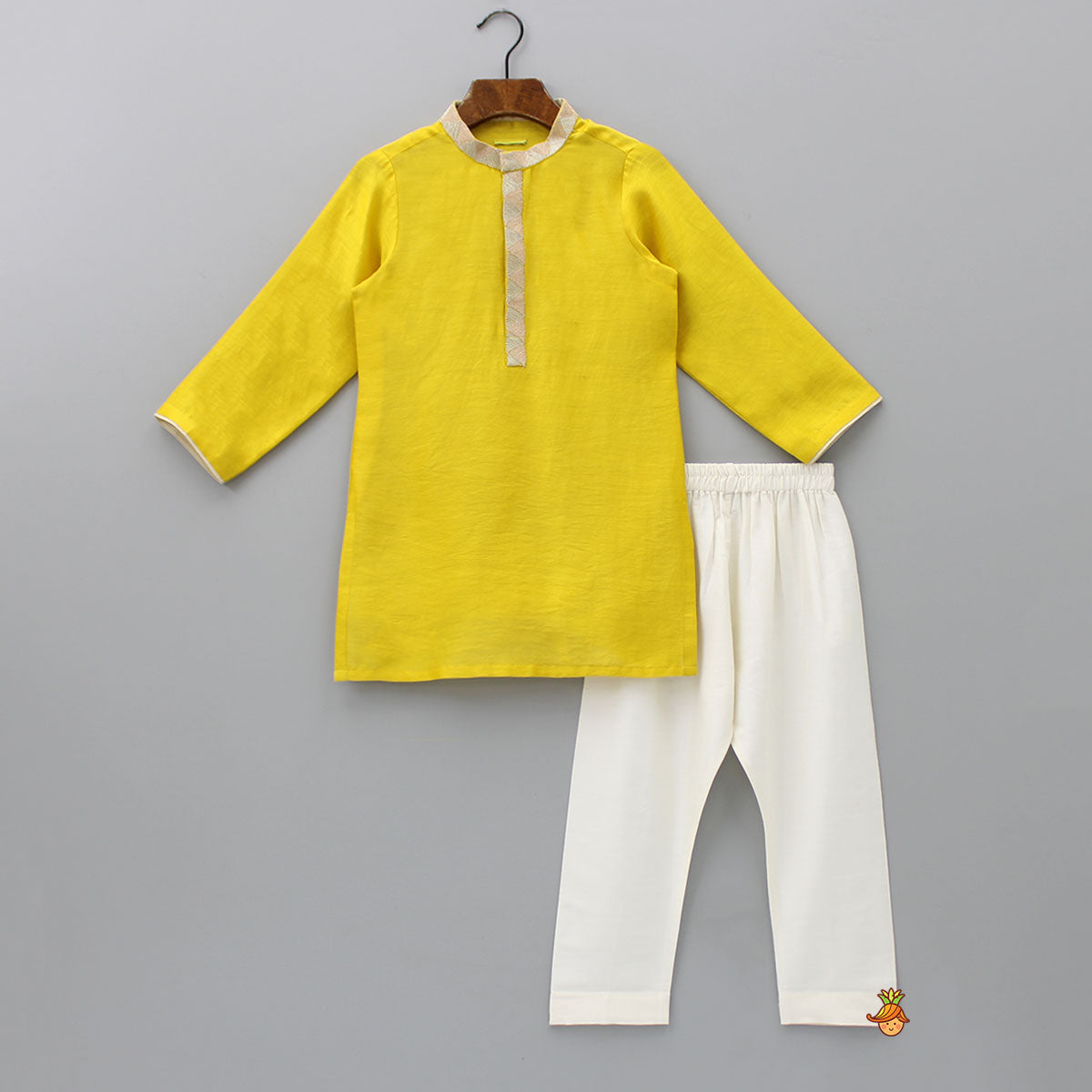 Chevron Embroidered Collar And Front Placket Yellow Kurta With Jacket And Pyjama