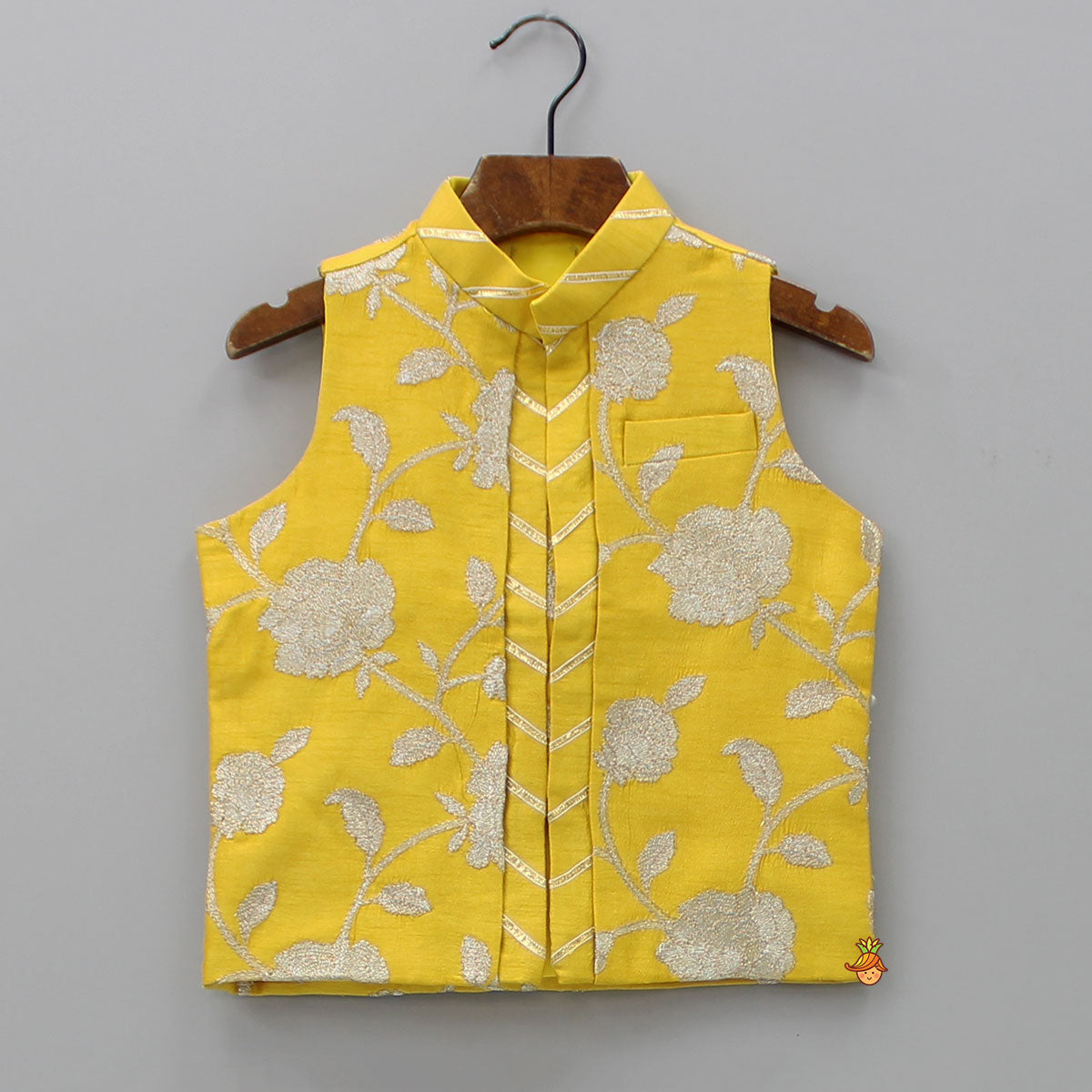 Chevron Embroidered Collar And Front Placket Yellow Kurta With Jacket And Pyjama