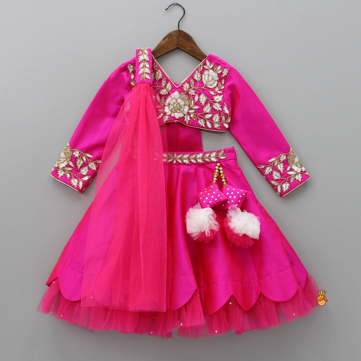 V Neck Floral Embroidered Pink Top And Scalloped Hem Lehenga With Net Dupatta