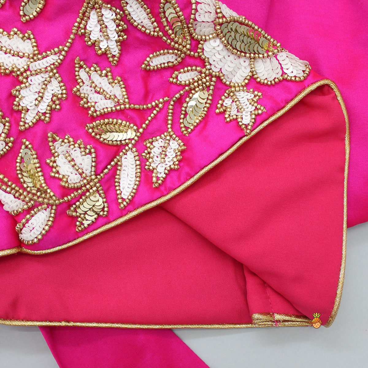 V Neck Floral Embroidered Pink Top And Scalloped Hem Lehenga With Net Dupatta