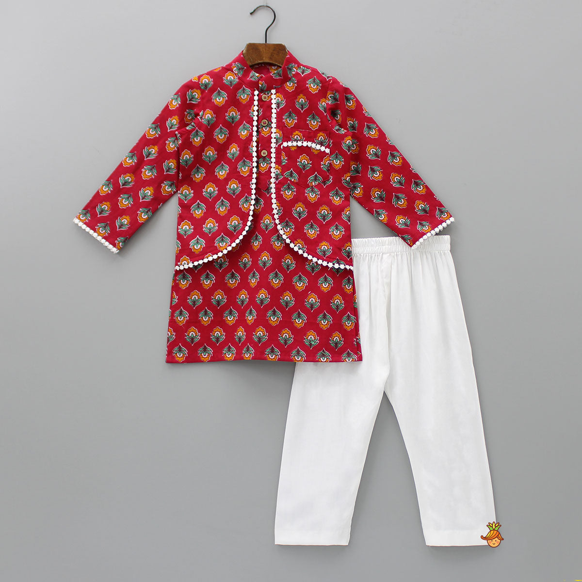 Jacket Style Red Printed Kurta And Pyjama