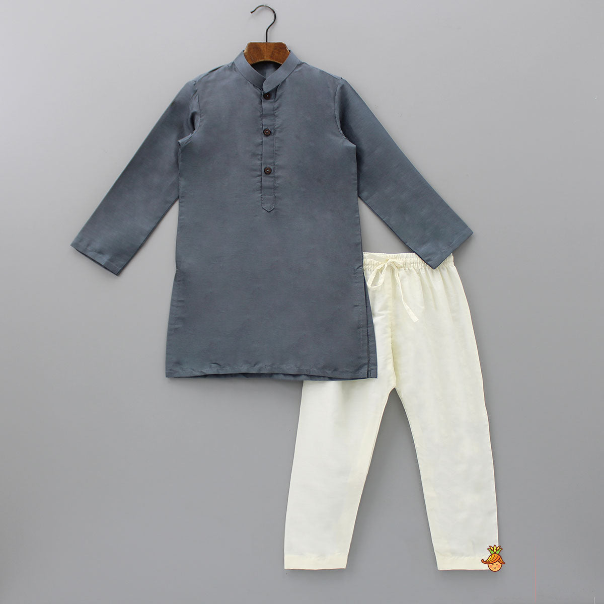 Grey Kurta With Printed Asymmetric Hem Jacket And Pyjama