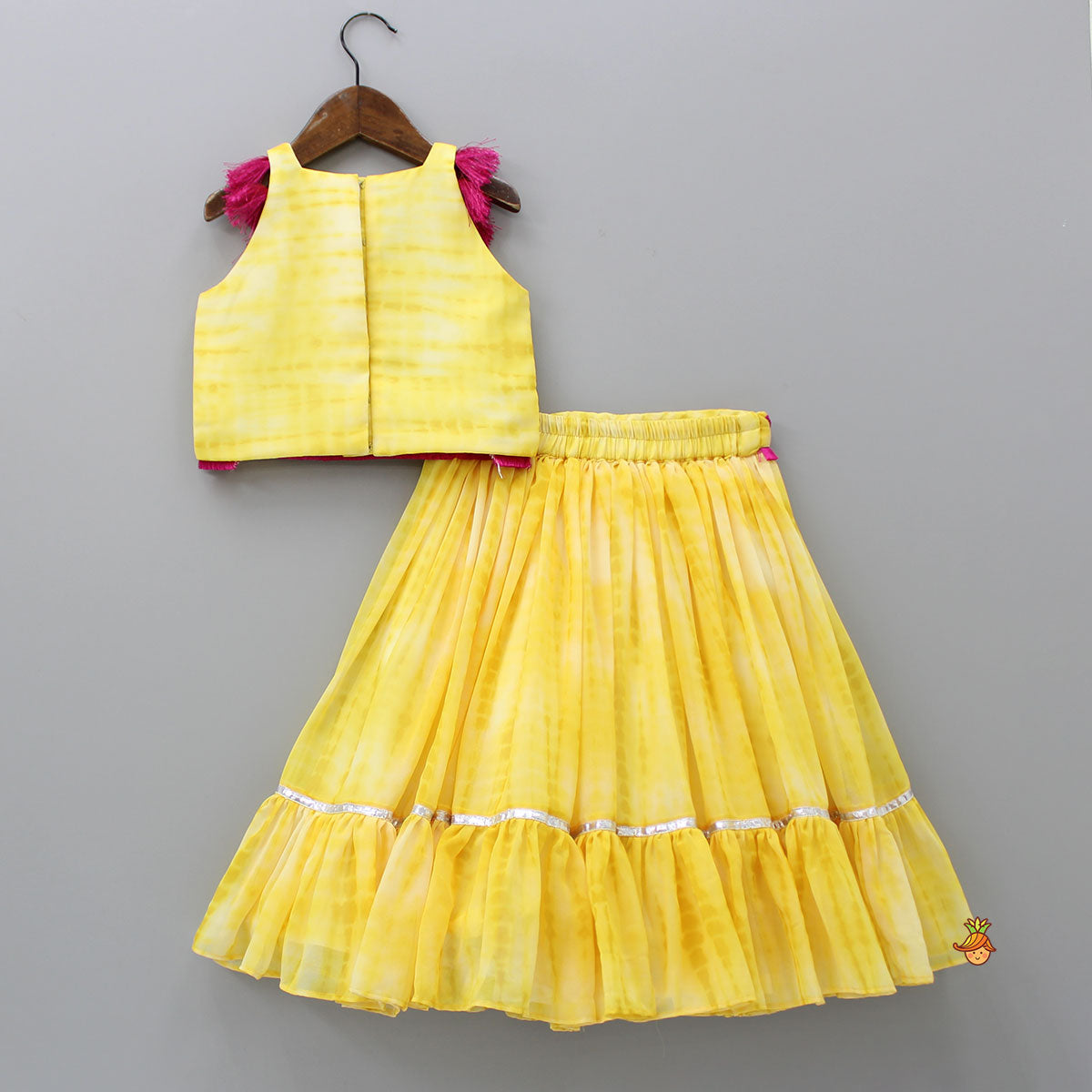 Shibori Printed Yellow Sleeveless Top And Lehenga