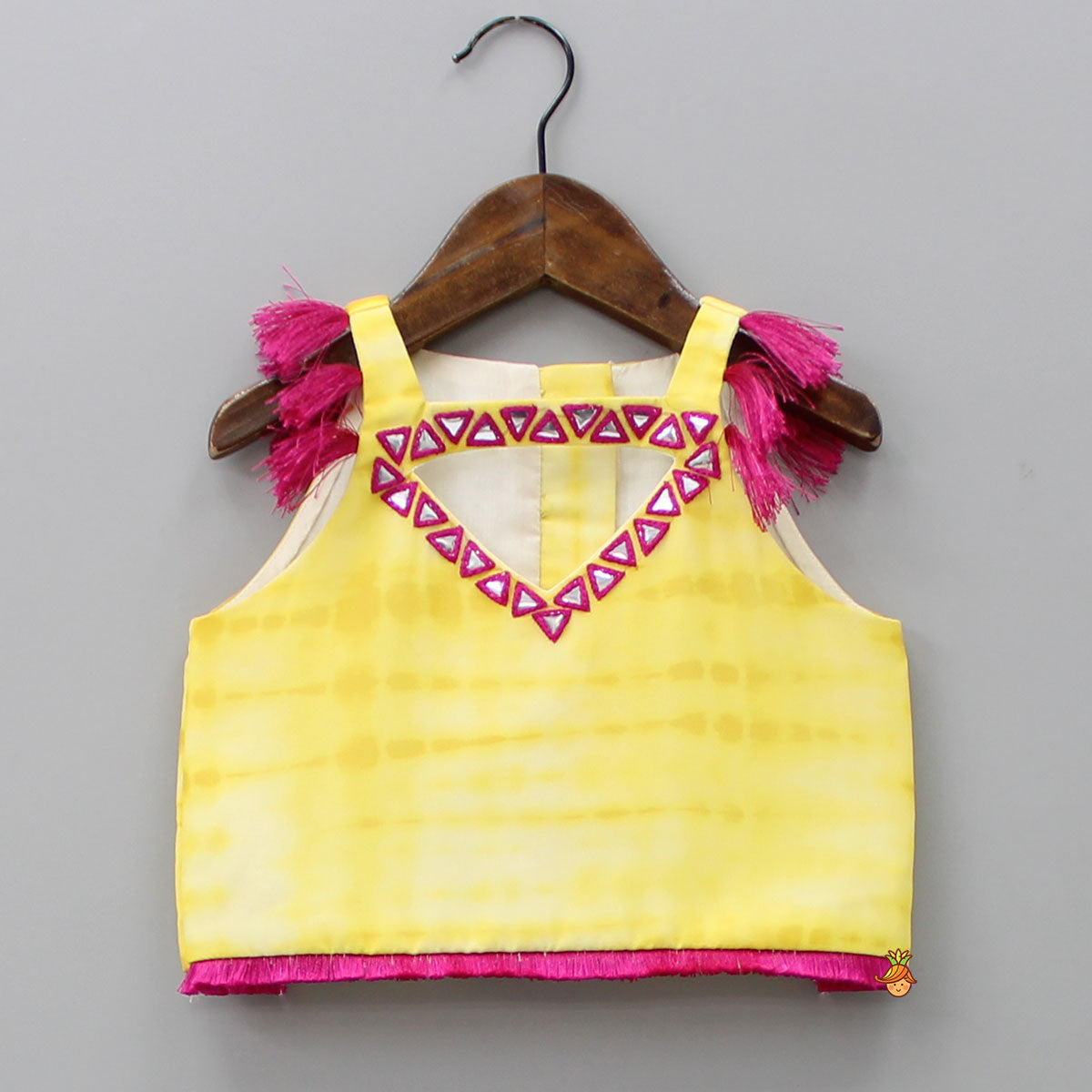 Shibori Printed Yellow Sleeveless Top And Lehenga