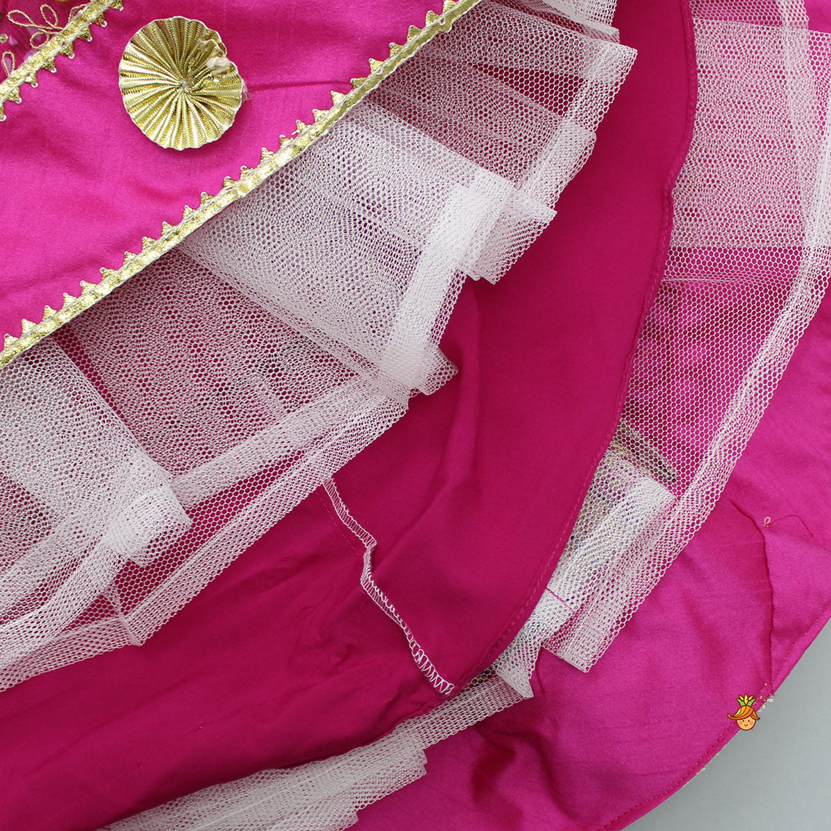 Gota Lace Detail Charming Pink Top And Lehenga With Net Dupatta
