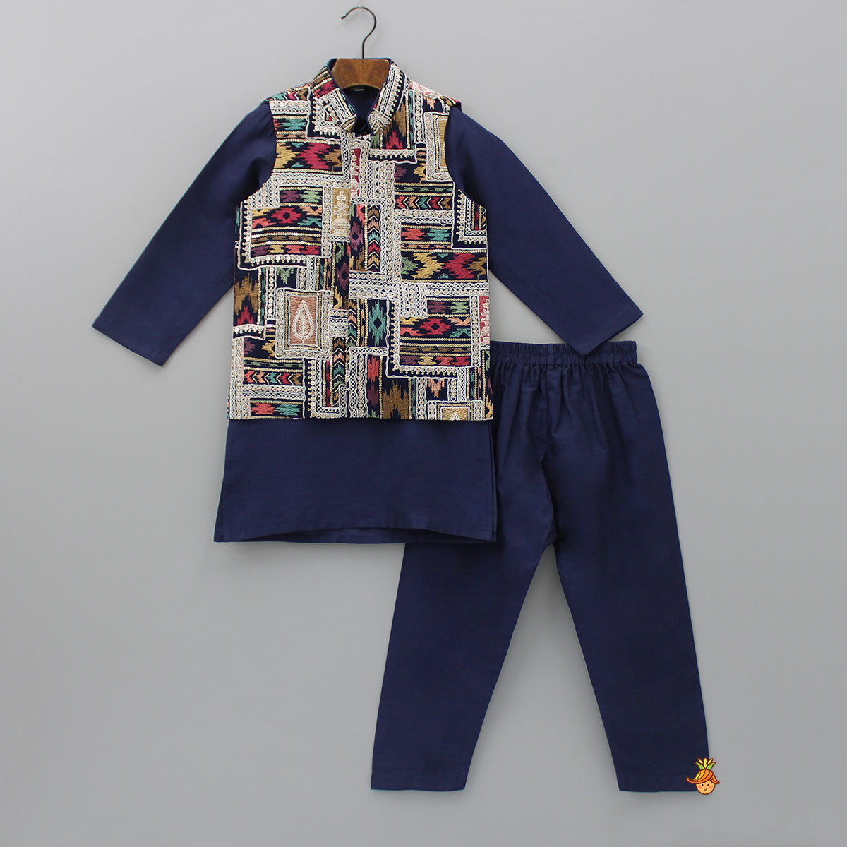 Front Placket Blue Kurta With Embroidered Jacket And Pyjama