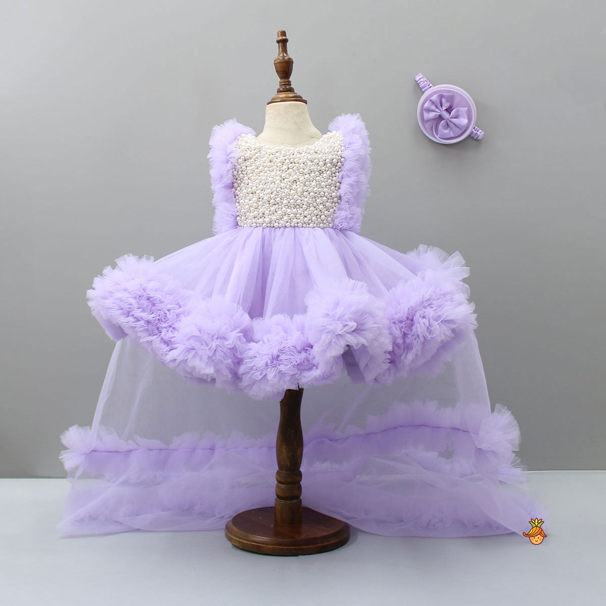 Embroidered Yoke Ruffle Hem Lavender Dress With Detachable Trail And Matching Head Band