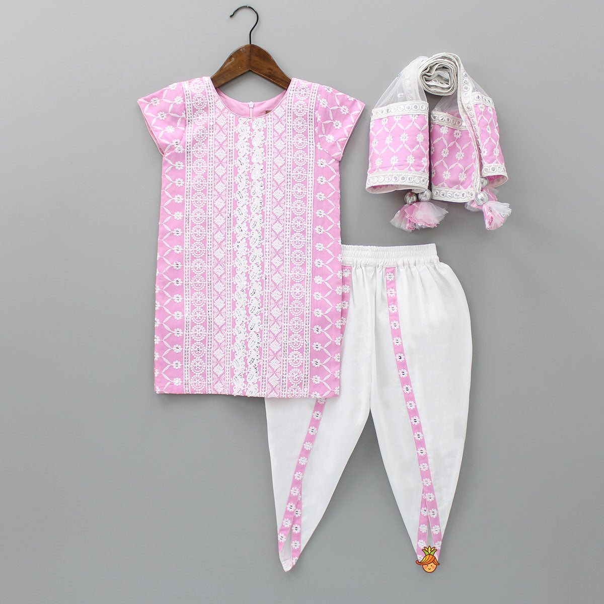 Elegant Pink Kurti And Dhoti Pant With Net Dupatta