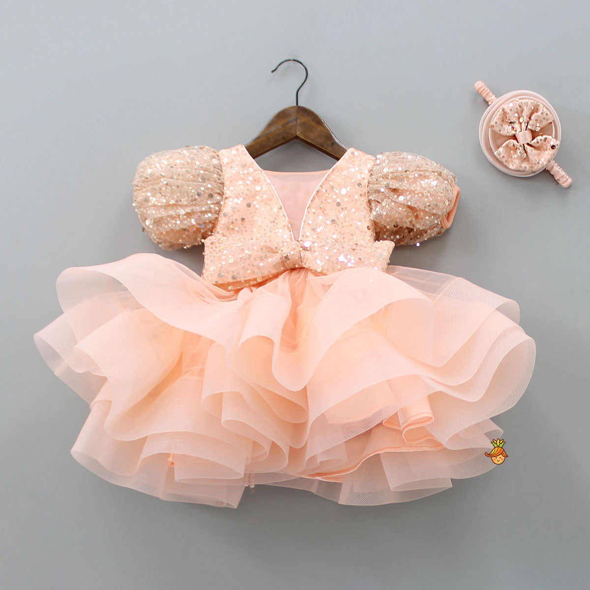 Sequined Peach Puff Sleeves Ruffle Dress With Bowie Head Band