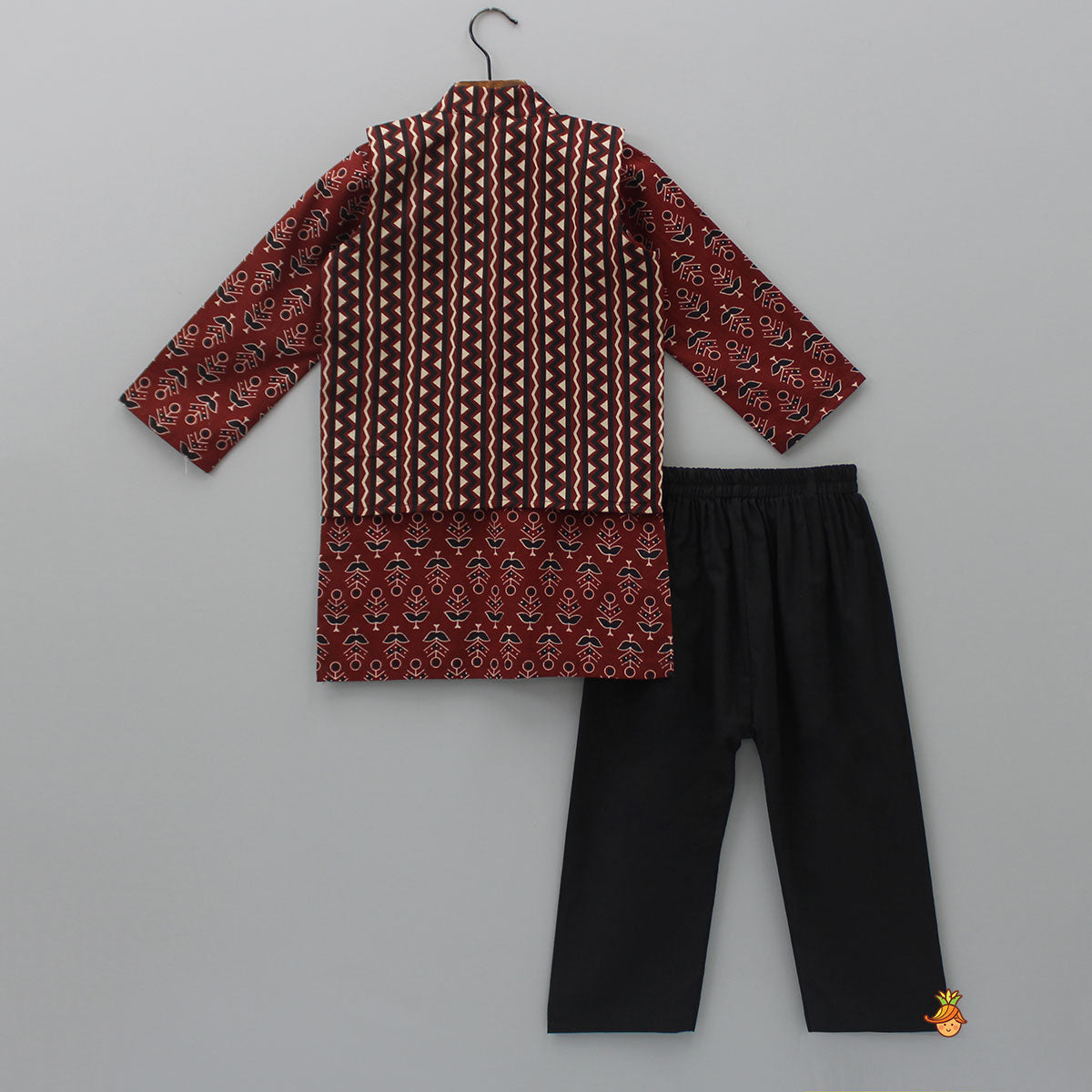 Pockets Detail Brown Kurta With Stylish Hem Printed Jacket And Pyjama
