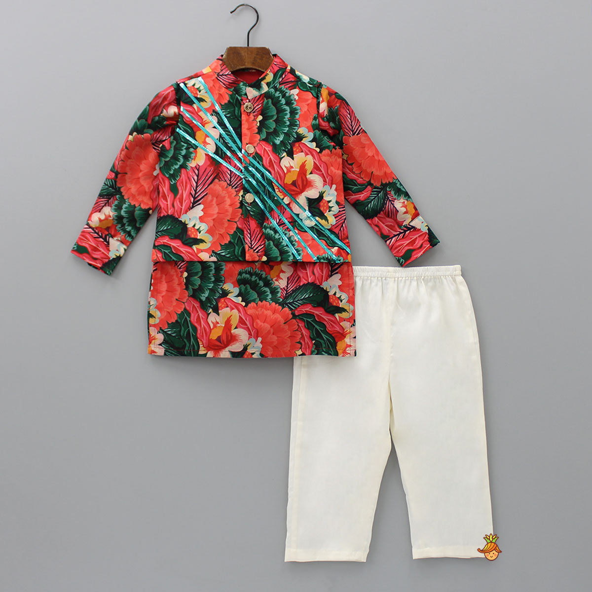 Multicolour Mandarin Collar Printed Kurta With Holographic Lace Detail Jacket And Pyjama