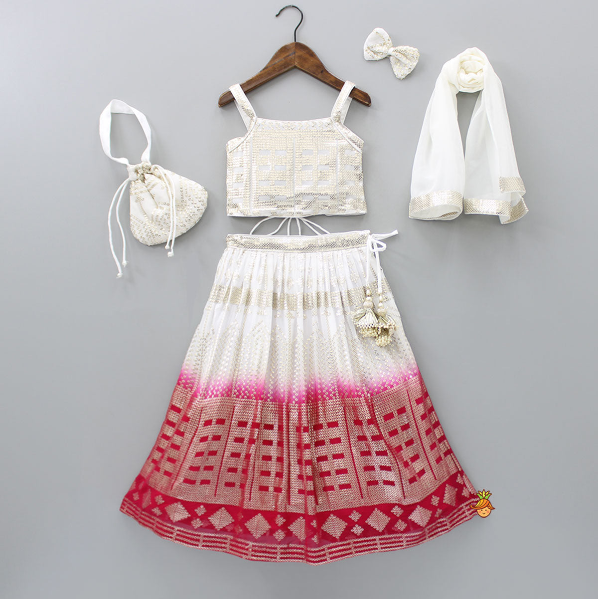 Sequined Off White Top And Two Tone Lehenga With Dupatta And Matching Potli Bag With Bowie Hair Clip