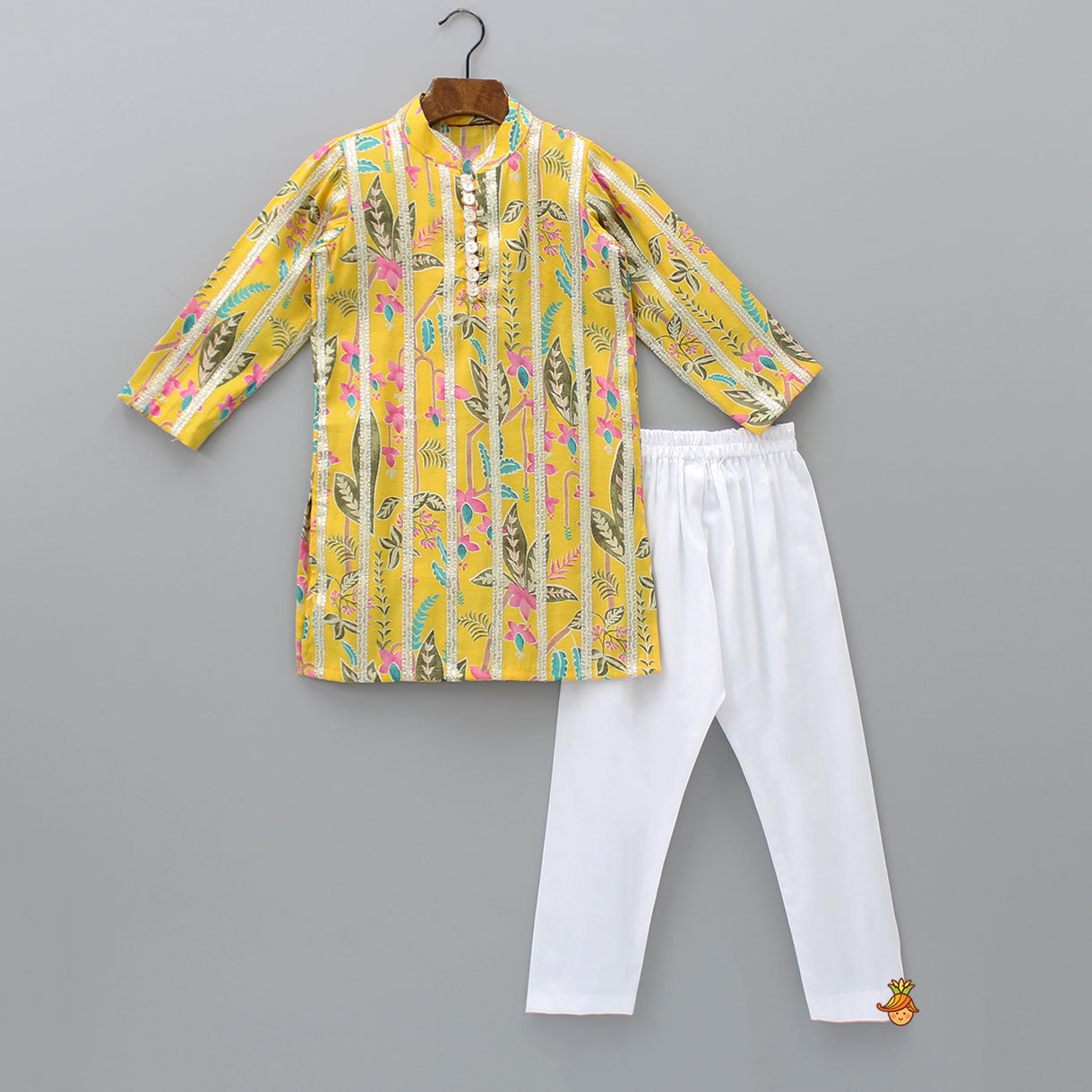 Loop-Buttons Detailed Floral-Printed Yellow Kurta And Pyjama