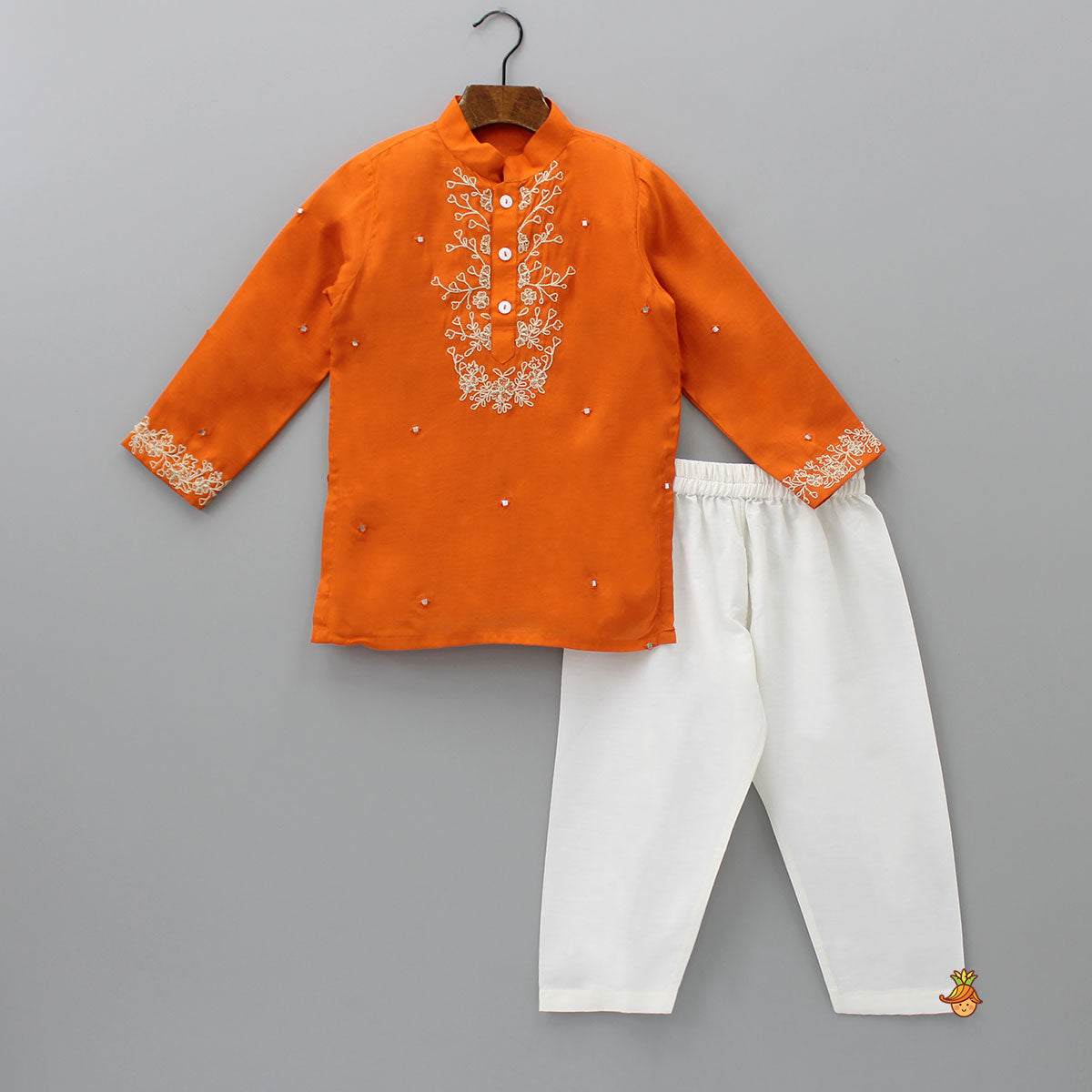 Orange Faux Mirror Work Kurta With Pyjama