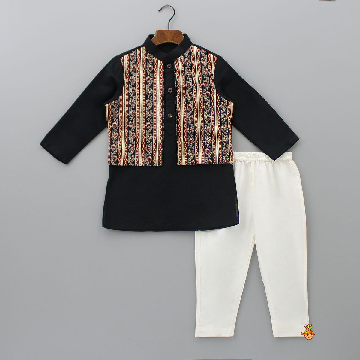 Gota Lace Detailed Jacket Style Black Kurta And Pyjama